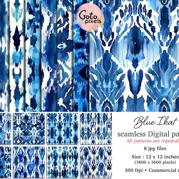 Blue Ikat pattern Digital Paper, tie dye ikat seamless patterns, watercolour ikat pattern, Printable instant download for commercial use.