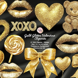 Clipart de purpurina dorada de San Valentín, labios dorados, clipart de oro XOXO, clipart de lazo dorado, PNG, descarga digital, uso comercial