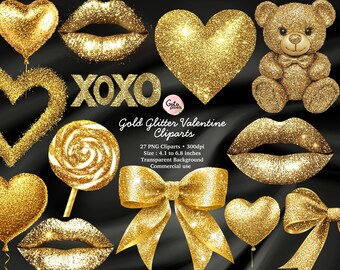 Gold Glitter Valentine Clipart: Lips, Bow, XOXO (PNG Digital Download)