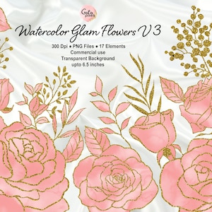 Pink Watercolor and Gold Glam Rose Clip Art, Digital instant download glitter flower png embellishments, Pink rose, Gold glitter roses