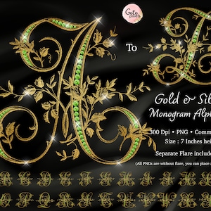 Smaragd Diamant Gold & Silber Monogramm Alphabet Clipart (PNG Digital Download)