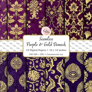 Purple and Gold Damask Digital Paper, seamless damask patterns printable scrapbook paper commercial use