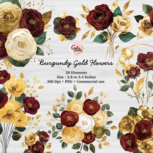 Clipart floral bordeaux et or, clipart fleur Bourgogne, bouquets de mariage rustiques et éléments botaniques, téléchargement immédiat