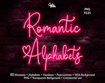 May include: A neon pink sign against a dark brick wall reads "Romantic Alphabets." The image also includes the text "PNG FILES" and details about the product: 80 elements, alphabets, numbers, punctuations, with background, transparent background, and commercial use.