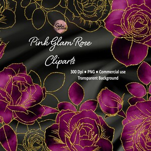 Wine Watercolor Rose Clipart: Gold Glitter Glam Flowers (Digital Download) image 2