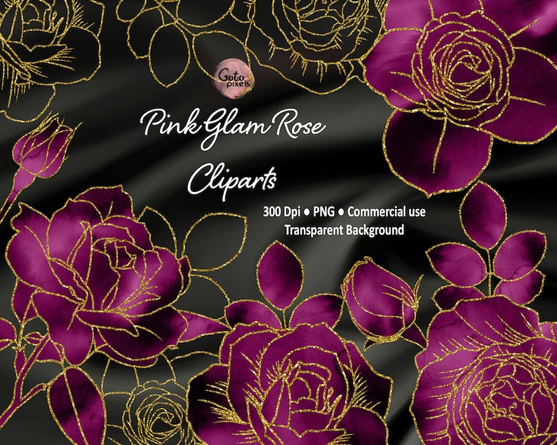 Wine Watercolor Rose Clipart: Gold Glitter Glam Flowers (Digital Download) image 2