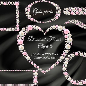 Pink Pearl Frame Clipart, White  Pearl Borders Overlay, Glitter Gems Clip Art, Pearl Heart shape, Square Frames,Commercial Use