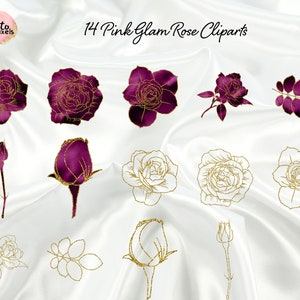 May include: A set of 14 digital clipart images featuring pink and gold roses. The roses are in various styles, including single roses, bouquets, and rosebuds. The images are perfect for adding a touch of elegance to your designs.