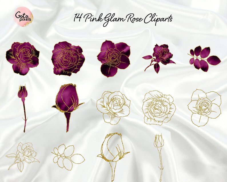 May include: A set of 14 digital clipart images featuring pink and gold roses. The roses are in various styles, including single roses, bouquets, and rosebuds. The images are perfect for adding a touch of elegance to your designs.
