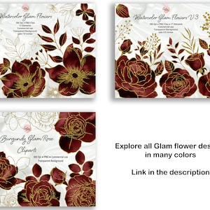 May include: Watercolor illustrations of burgundy roses with gold glitter accents. The roses are on a white background with a marble texture. The text "Watercolor Glam Flowers" is at the top of the image. The text "Burgundy Glam Rose Cliparts" is at the top of the image. The text "Explore all Glam flower designs in many colors" is at the bottom of the image. The text "Link in the description" is at the bottom of the image.