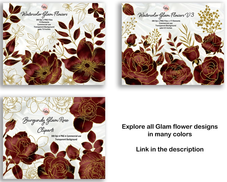 May include: Watercolor illustrations of burgundy roses with gold glitter accents. The roses are on a white background with a marble texture. The text "Watercolor Glam Flowers" is at the top of the image. The text "Burgundy Glam Rose Cliparts" is at the top of the image. The text "Explore all Glam flower designs in many colors" is at the bottom of the image. The text "Link in the description" is at the bottom of the image.