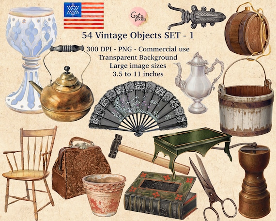 54 Old Things Clip Art Vintage Antique Objects and Overlays in Png Format  Instant Download for Commercial Use 