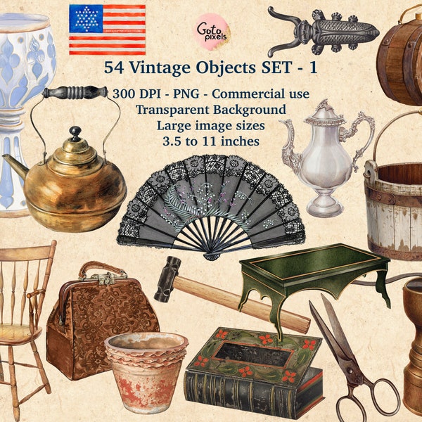 54 Old Things Clip Art - objets anciens vintage et superpositions en téléchargement instantané au format png pour un usage commercial