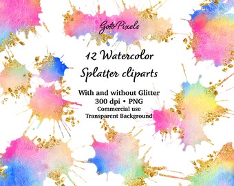 Rainbow Watercolor Splatter Clipart: Glitter Splash Backgrounds (PNG Digital Download)