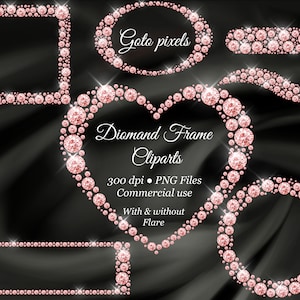 Rosegold Diamond Frame Clipart, Rose gold Diamond Borders Overlay, Glitter Gems Clip Art, Diamond Heart shape, Square Frames, Usage commercial