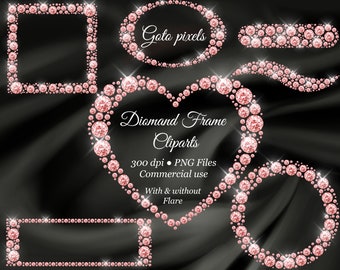 Rose Gold Diamond Frame Clipart: Heart, Square, Round (PNG Digital Download)