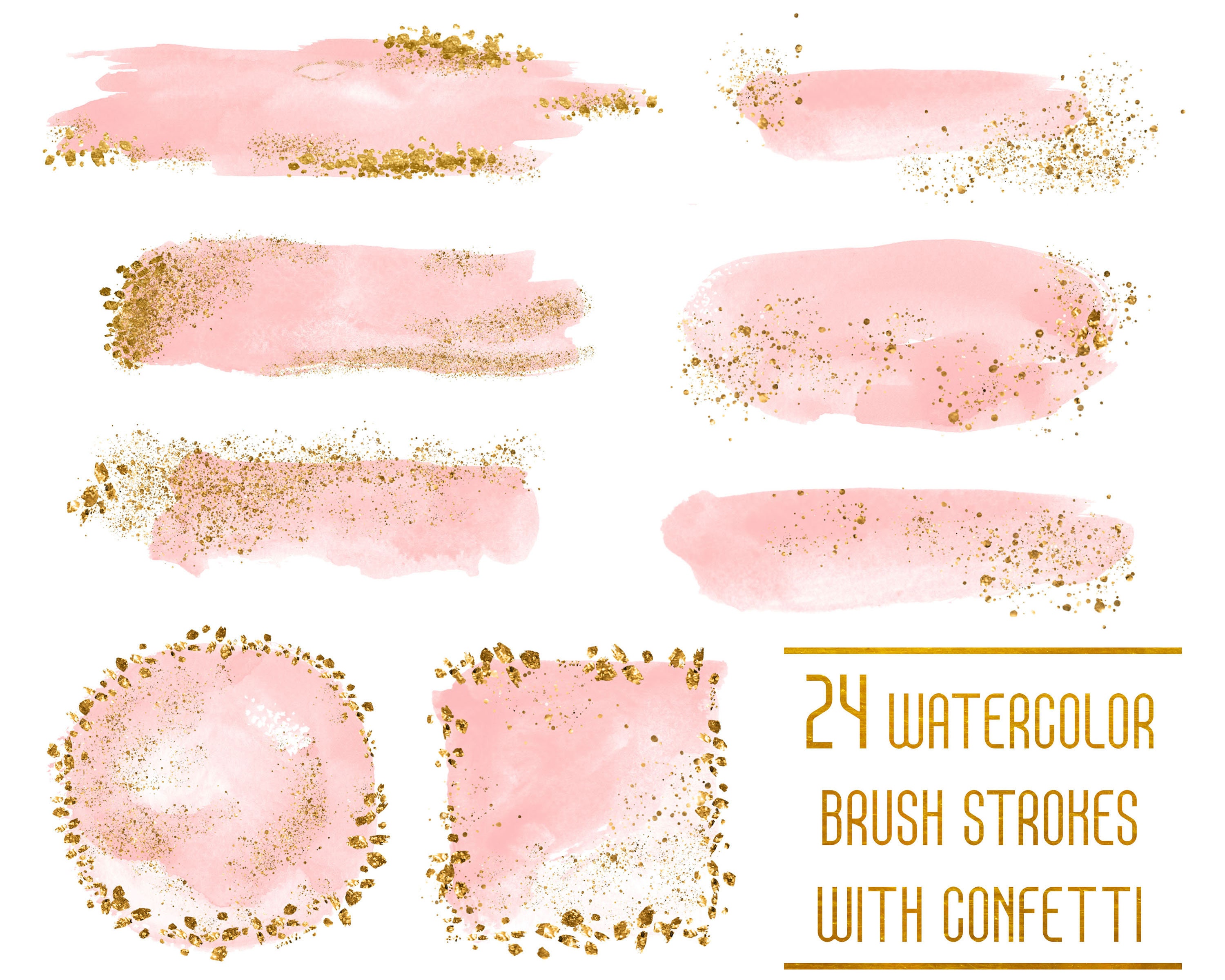 Pink Watercolor Brush Strokes Gold Confetti Gold Design Etsy