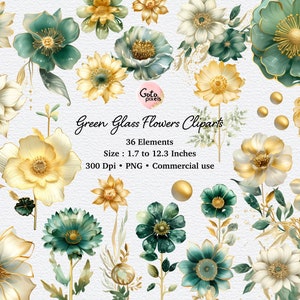Green & Gold Flower Clip Art: Glass PNG Embellishments (Digital Download)