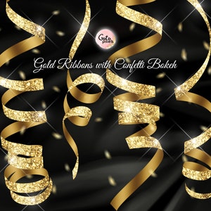 May include: Gold glitter ribbon streamers with confetti bokeh on a black background.  Gold Ribbons with Confetti Bokeh.