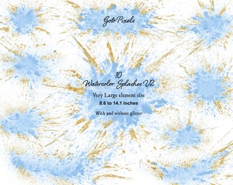 Blue Watercolor Glitter Clipart: Splashes & Splotches (PNG Digital Download)