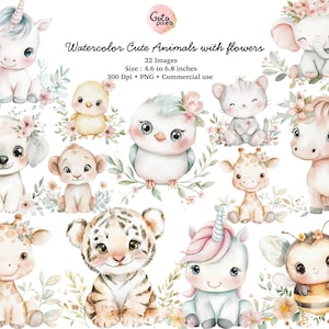 Aquarell niedliche Tiere mit Blume, Aquarell Tiere, süße Tier Bundle, Druckbare Tiere, Kindergarten Baby Tiere, sofort download