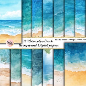 Watercolor Beach Digital Paper, Printable Summer Background, Watercolor Seascapes Scrapbooking, Instant download for commercial