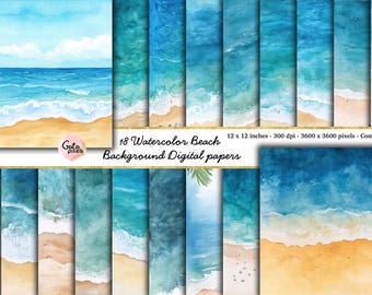 Aquarel strand digitaal papier, afdrukbare zomer achtergrond, aquarel zeegezichten scrapbooking, Instant download voor commercieel