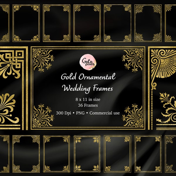 Gold frames digital clip art, Gold Wedding Frame PNG, Digital frames PNG, transparent background. Instant download Commercial use