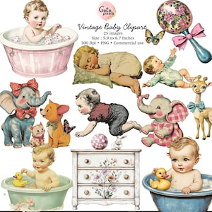 Antyczne kliparty na baby shower, Vintage Baby Clipart, Stare ilustracje, Ilustracje zabawek, grafika na karty vintage baby shower do pobrania w wersji cyfrowej