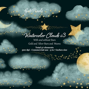 Aqua blauwe aquarel wolken Clipart met gouden sterren, glitter wolken illustraties, glitter confetti, weer Clipart, PNG-bestanden, digitale download