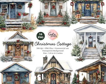 Watercolor Christmas Cottage Clipart: Winter House PNG (Digital Download)