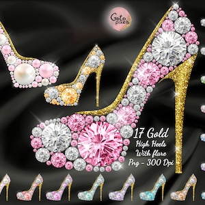 Diamond Shoe with Gold Digital file Diamond High Heels png Digital file download Diamond Rhinestone High Heels Digital Clip Arts Fashion