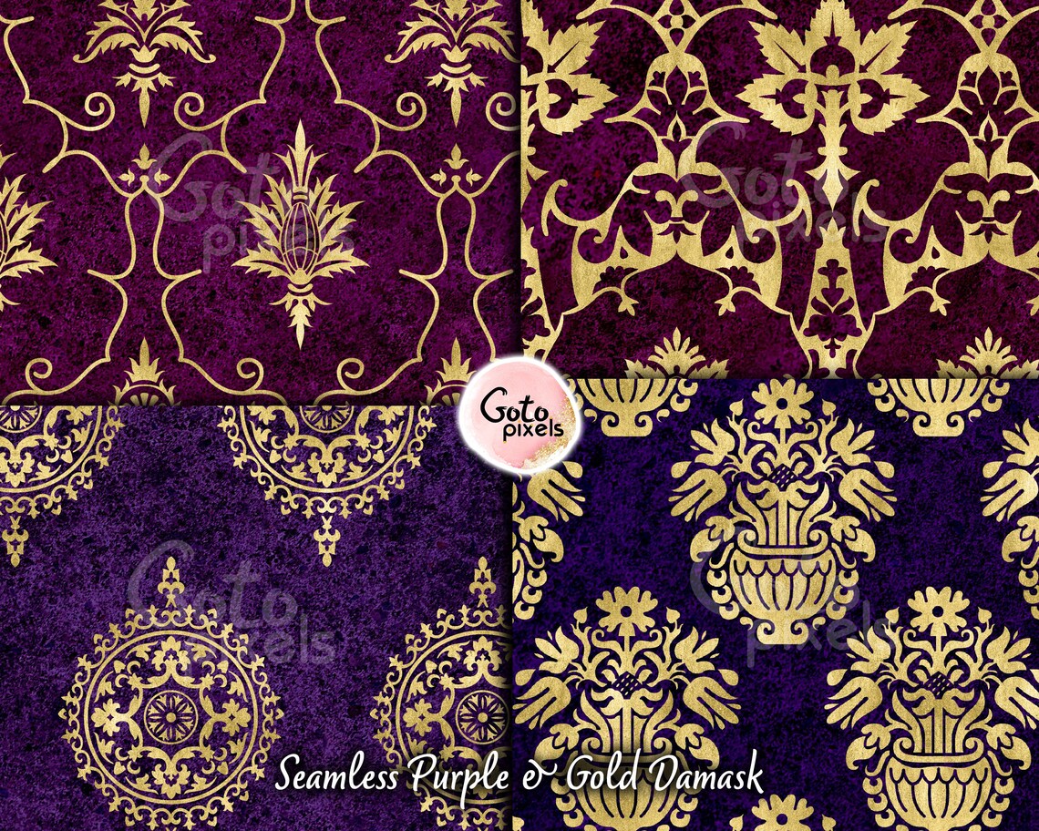 Purple and Gold Damask Digital Paper Seamless Damask Patterns Etsy