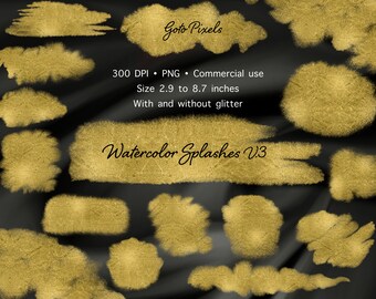 Gold Watercolor Glitter Clipart: Splashes & Splotches (PNG Digital Download)