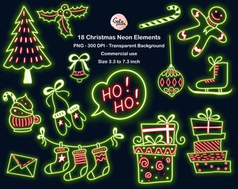 Neon Christmas Clipart: Ornaments & Trees PNG (Digital Download)
