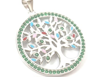 925 Sterling Silver Tree of Life Pendant Multicoloured Zirconia Hallmarked 3.6g