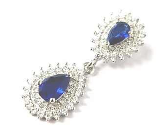 925 Sterling Silver Drop Pendant Blue & White Zirconia Hallmarked 25.3mm High 1.7g