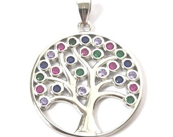 925 Sterling Silver Tree of Life Pendant Multicoloured Zirconia Hallmarked 4.3g