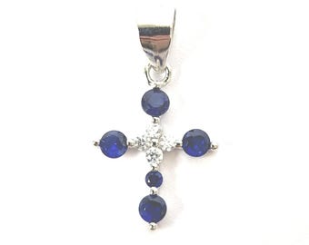925 Sterling Silver Cross Pendant Blue & White Zirconia 15.3mm High 0.5g