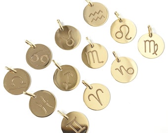 Solid 9ct Gold Zodiac Star Sign Disc Pendant for Necklace Horoscope Symbols