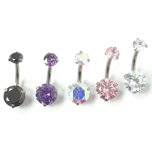 316L Surgical Steel Belly Bar Coloured Navel Double Crystal Cubic Zirconia