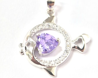 925 Sterling Silver Purple & White Zirconia Fish Pendant 24.6mm High 2.9g