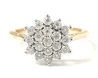 9ct Gold Diamond Ring Flower Cluster Illusion Set Yellow 0.10ct Round Brilliant