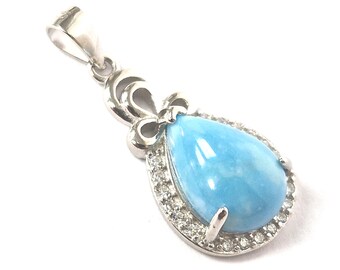 925 Sterling Silver Teardrop Shape Blue Pendant White Zirconia 22.5mm High 2g