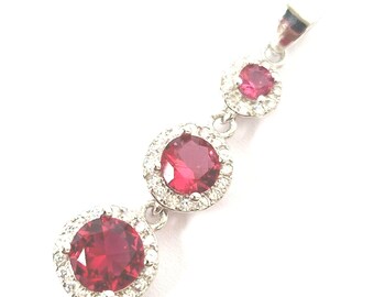 925 Sterling Silver Drop Pendant Red & White Zirconia 3cm Long 1.8g