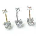 316L Surgical Steel Belly Bar Navel Double Heart Silver Rose Cubic Zirconia
