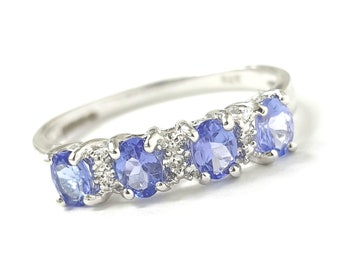 9ct White Gold Tanzanite Ring Ladies Diamond Half Eternity Oval Cut Stones