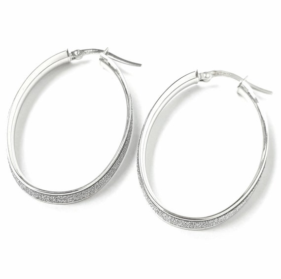 9ct White Gold Oval Hoop Earrings Ladies Glitter Effect Hallmarked Snap Close Jewellery Earrings Hoop Earrings 