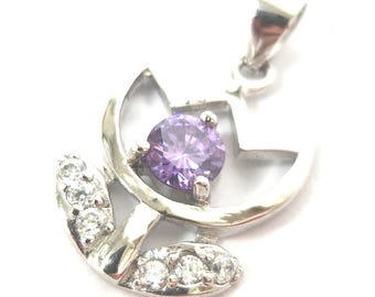 925 Sterling Silver Flower Pendant Purple & White Zirconia 18.8mm High 2g