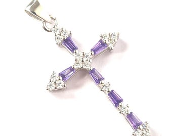 925 Sterling Silver Cross Pendant Purple & White Zirconia 31.9mm Long 1.9g